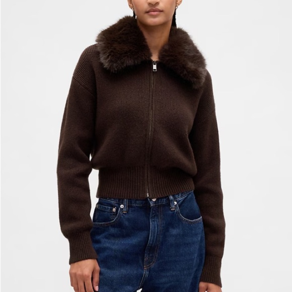 Gap CashSoft Faux-Fur Collar Zip Cardigan Sweater Size Small Terra Brown